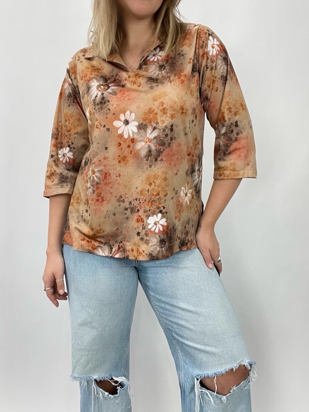 Vintage Handmade Floral Cropped Sleeve Collared Top